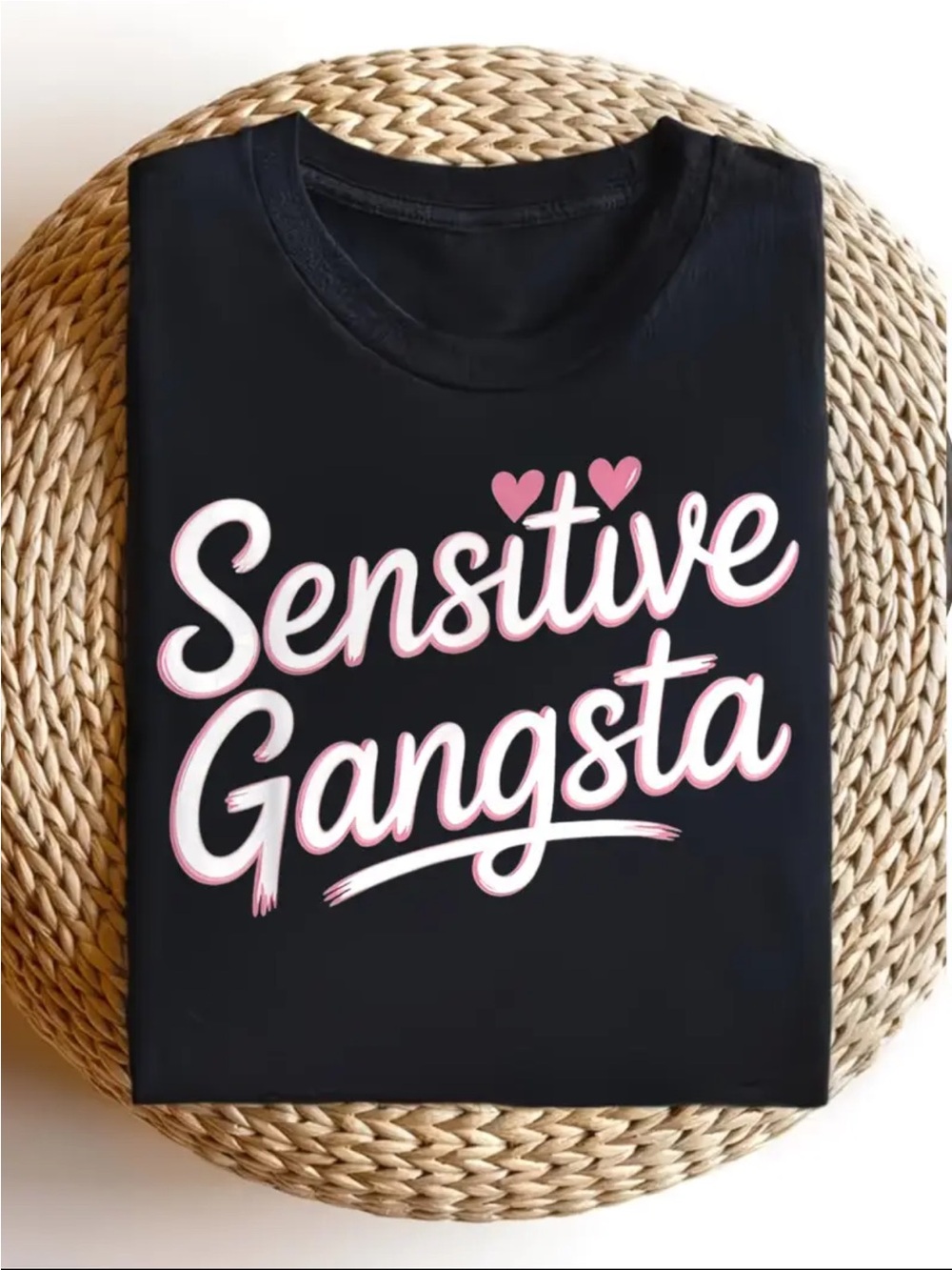 Women’s"Sensitive Gangsta" Graphic Tee - Black with Pink Script